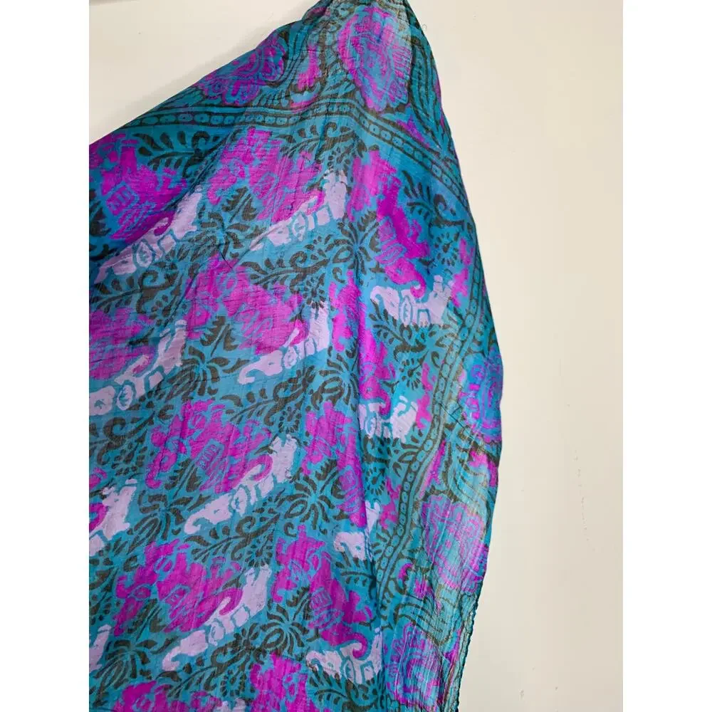 Green Pink Purple Floral Batik? Silk Scarf 29 x 27
